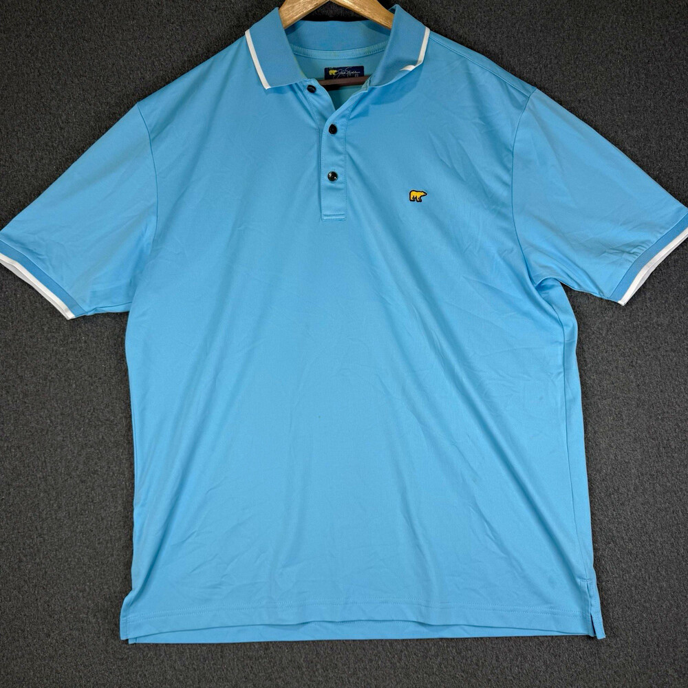 Jack Nicklaus Mens L Blue Golf Polo Shirt White Trim Golden Bear Logo READ